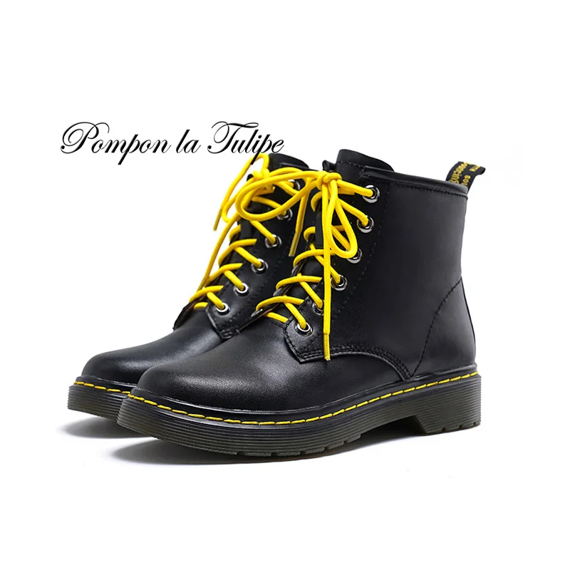 

BHS 9011223 Stylish Classic Platform Lace Up Genuine Cow Leather Patchwork 3CM Marching Mid Calf Women Shoes Fashion Martin Boot