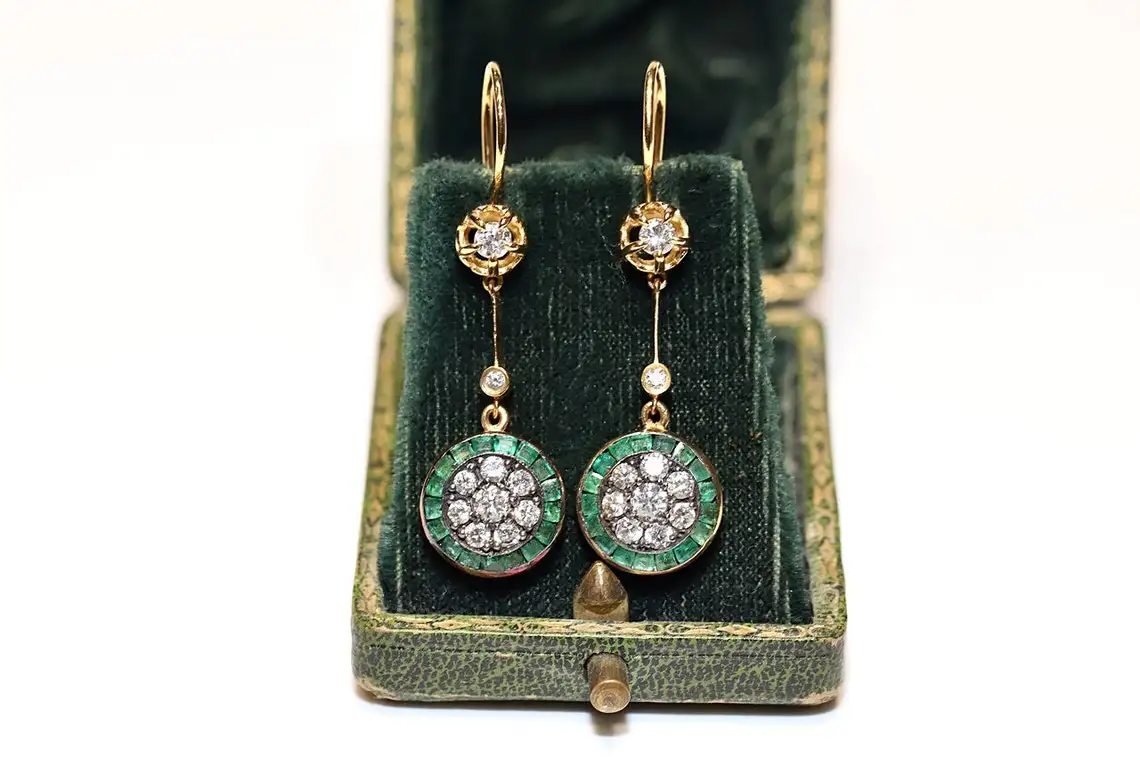 

Perfect 14k Gold Natural Diamond And Caliber Emerald Decorated Amazing Art Deco Style Pretty Earring