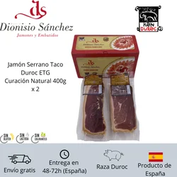 Jamón Serrano Taco Duroc Certificado ETG Dionisio Sánchez 400g x 2 Curación Natural +20 Meses Especial Tapas Aperitivo Hecho en España Buen Punto de Sal, Aspecto y Buena Curación