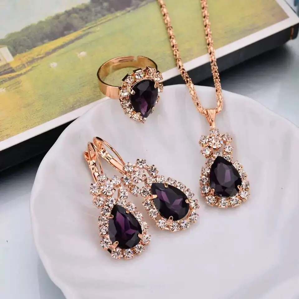 Fashion Income European and American Jewelry Pendants Earrings Ring Sets Fashion Bridal Decoration Colorful Three Piece Gifts 6