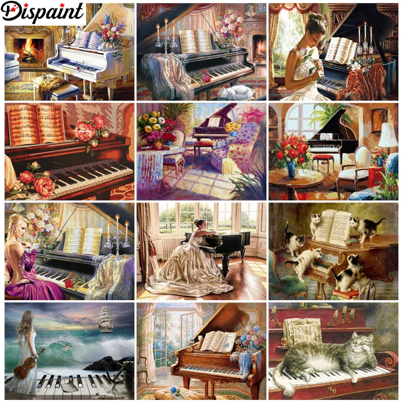 Dispaint 5D DIY Full Diamond Embroidery "Beauty Piano Cat" Diamond Painting Cross Stitch Rhinestone Home Decoration