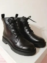 Shoes Ankle-Boots Platform-Sole Lace-Up Beautoday Autumn Genuine-Cow-Leather Winter Women