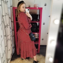 Autumn Winter Dot Bandage Dress Women Casual Ruffles V Neck High Waist Slim Print Long