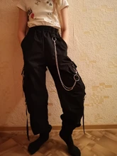 Pantalones Cargo informales para mujer, pantalón holgado de cintura alta, color negro, estilo coreano, con cinta, envío directo