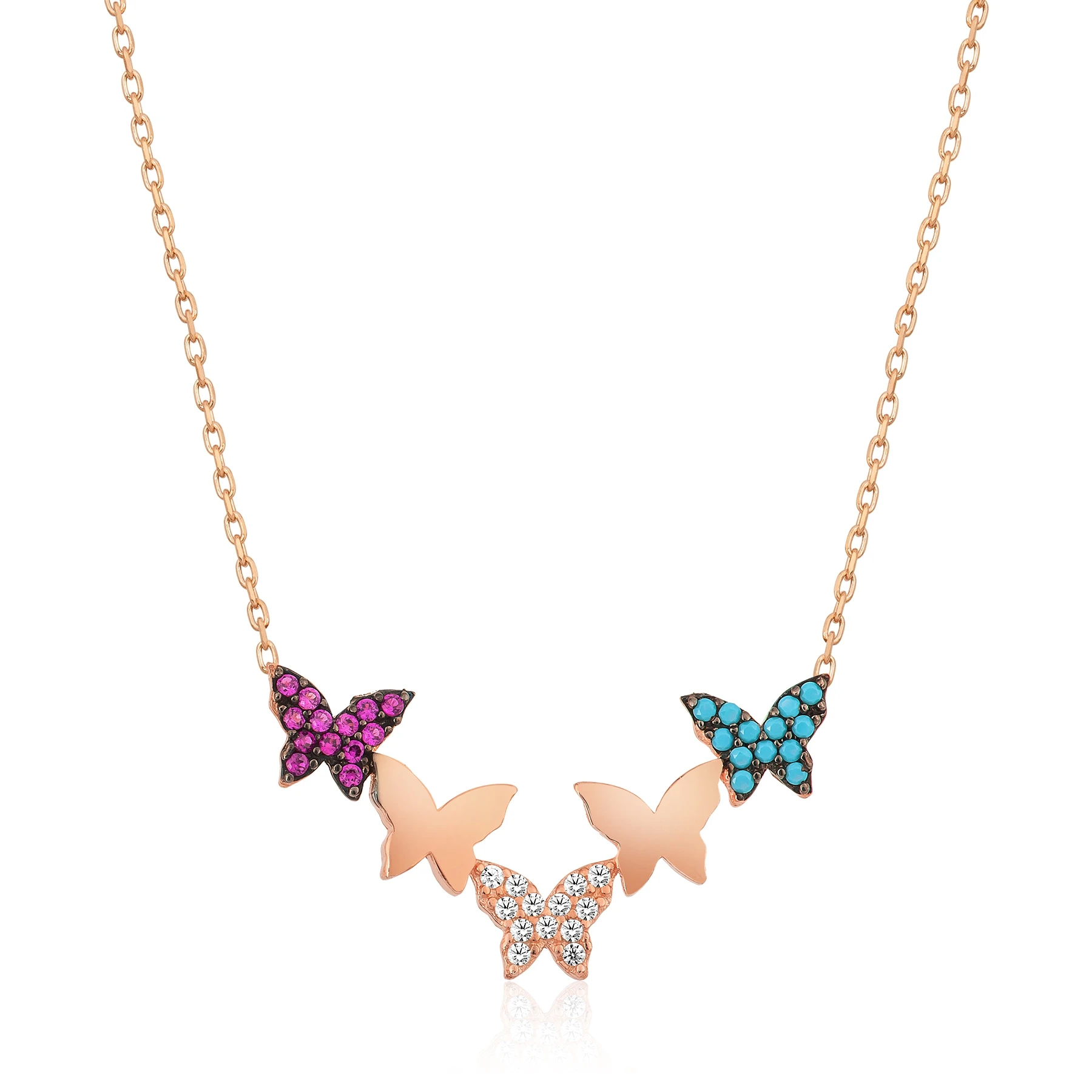 KUTAYDAN Zircon CZ Rose Plated Butterflies 925 Sterling Silver Necklace