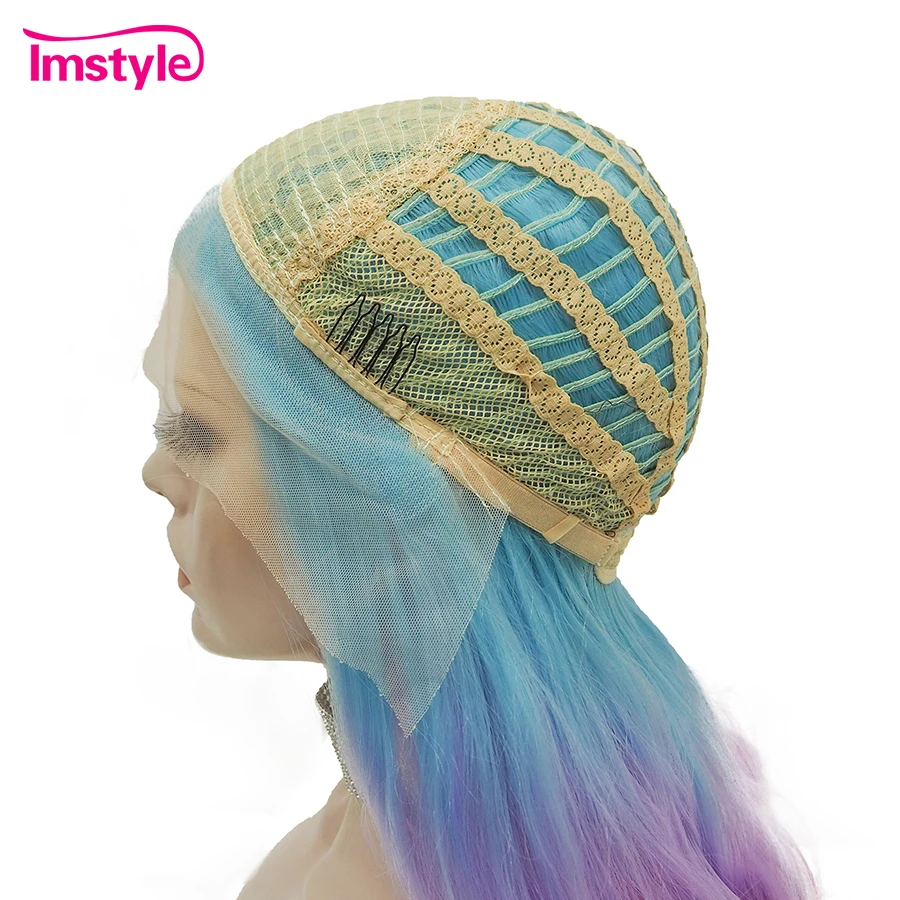 Parrucca Sintetica Colorata con Frontale in Pizzo Imstyle, Blu Rosa Viola Giallo, Parrucche per Donne, Fibra Naturale Ondulata Resistente al Calore, Parrucca Ombré - immagine 6
