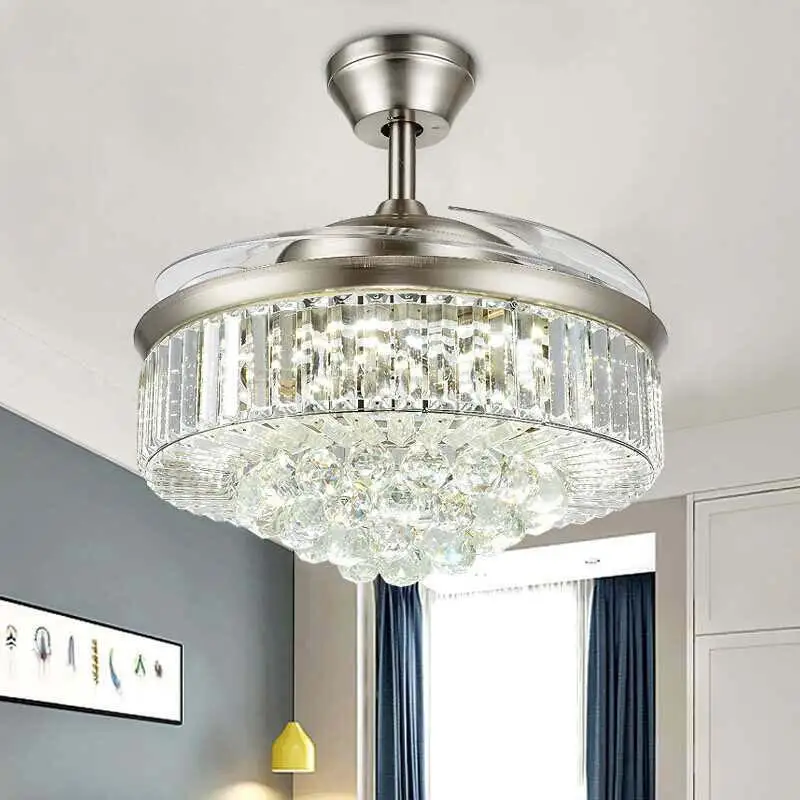 European Crystal Led Fan Light Invisible 42 Inch Silver/Gold Color Fan Light Bedroom Remote Control Ceiling