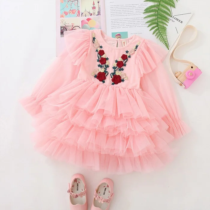 pink Fashion Girls Emboidery Tutu Dress Long Sleeves Kids Clothes Gymnastics Party Costume Performance Fluffy Dress for 3-10 Ys Child - Цвет: pink