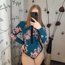 Bañador estampado de flores para mujer, una pieza, monokini, manga larga, traje de baño para surfear