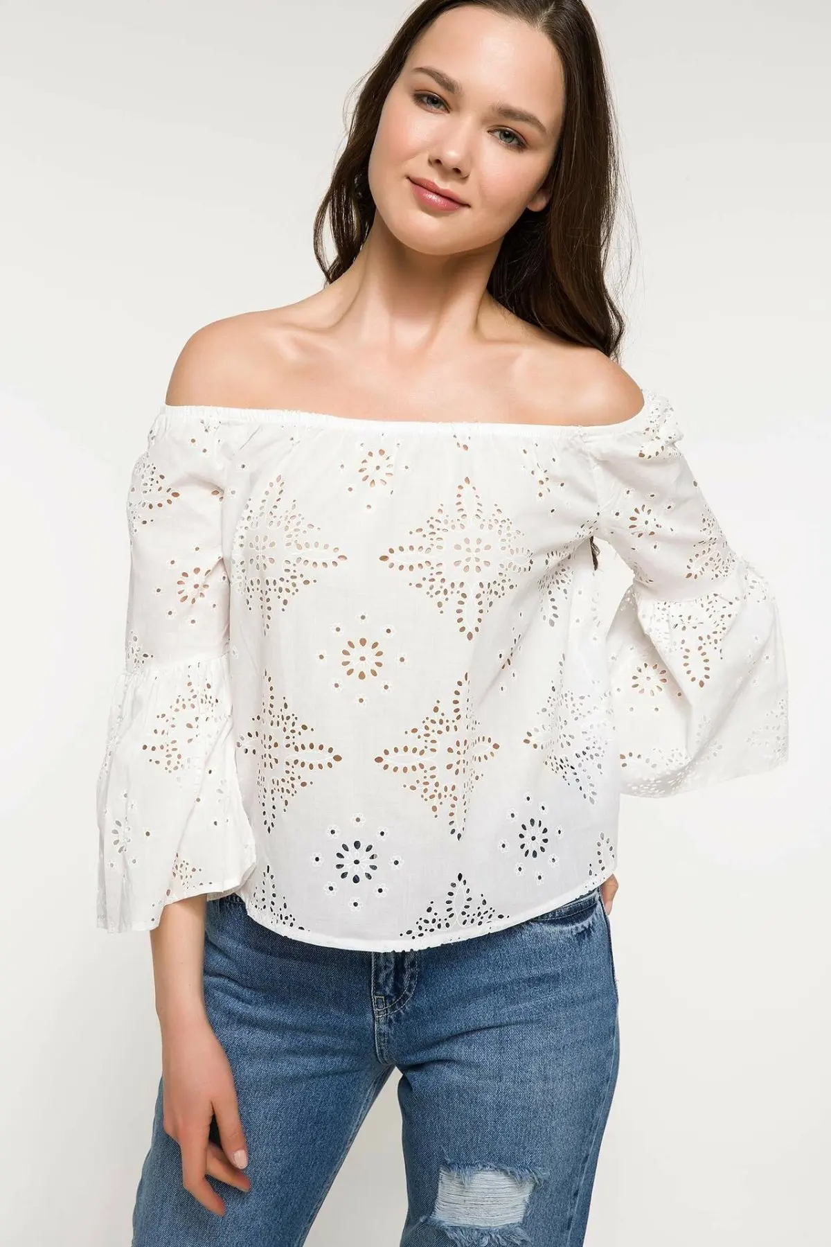 DeFacto Sexy Woman Fashion Long Sleeve Blouse Ladies Casual Off-shoulder Geometric Pattern Shirts Simple Comfort - J2479AZ18SM | Женская