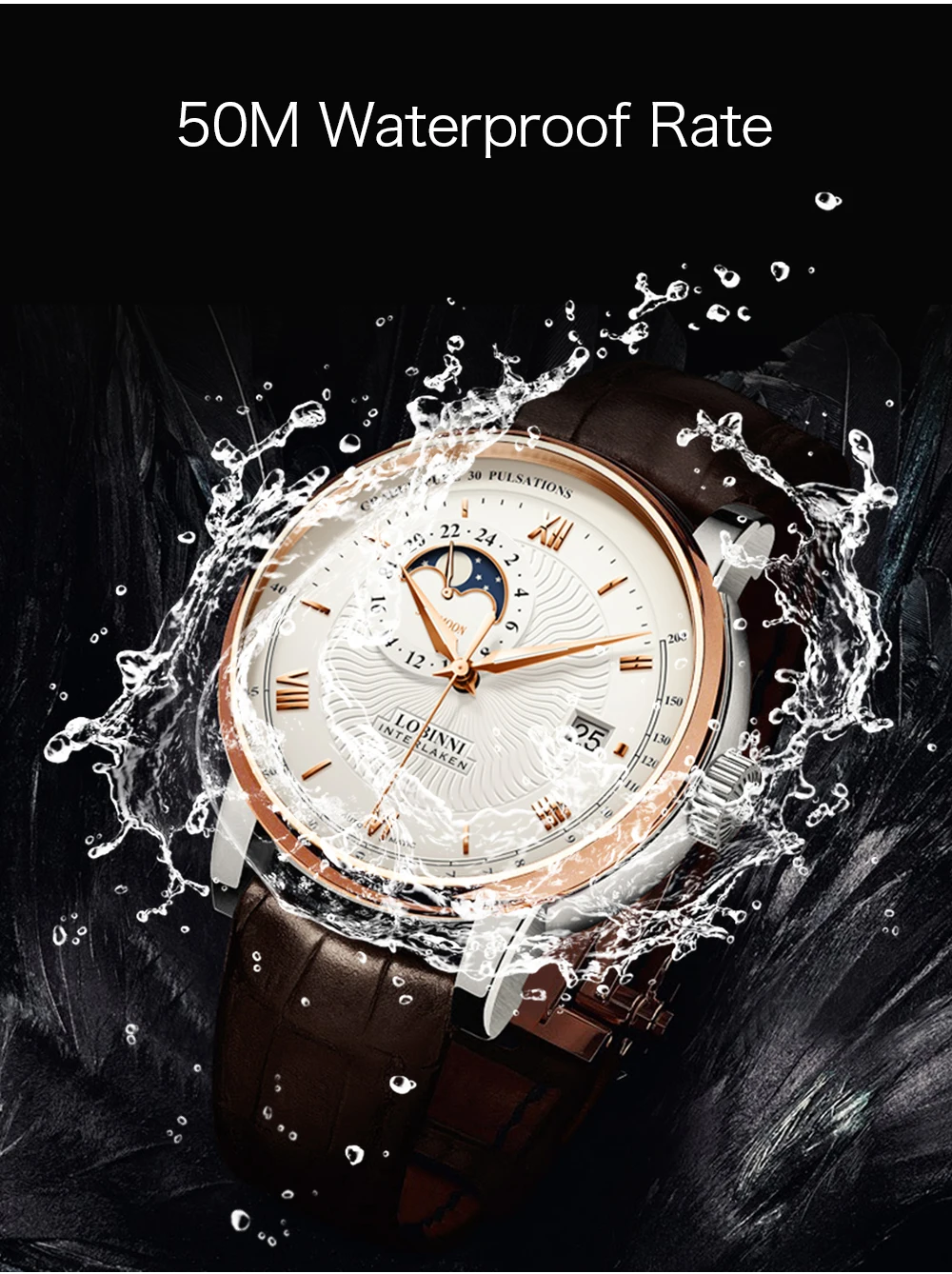 LOBINNI часы мужские японские импортные автоматические механические MOVT Мужские часы сапфировые фазовые водонепроницаемые часы 5010 м