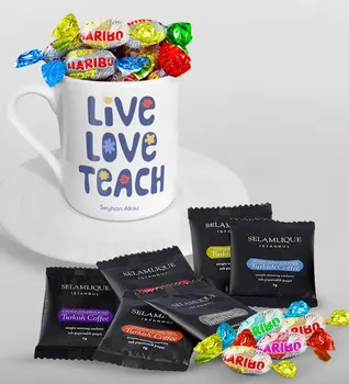 

Personalized Age Love Teach Turkish coffee Cup Selamlique Mixed Turkish Coffee House and Haribo Candy Gift Seti-1