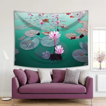 

Tapestry Beautiful Lotus Flower in A Lake in Waterlilies Oriental Garden Nature Waterscape Photo Green Pink