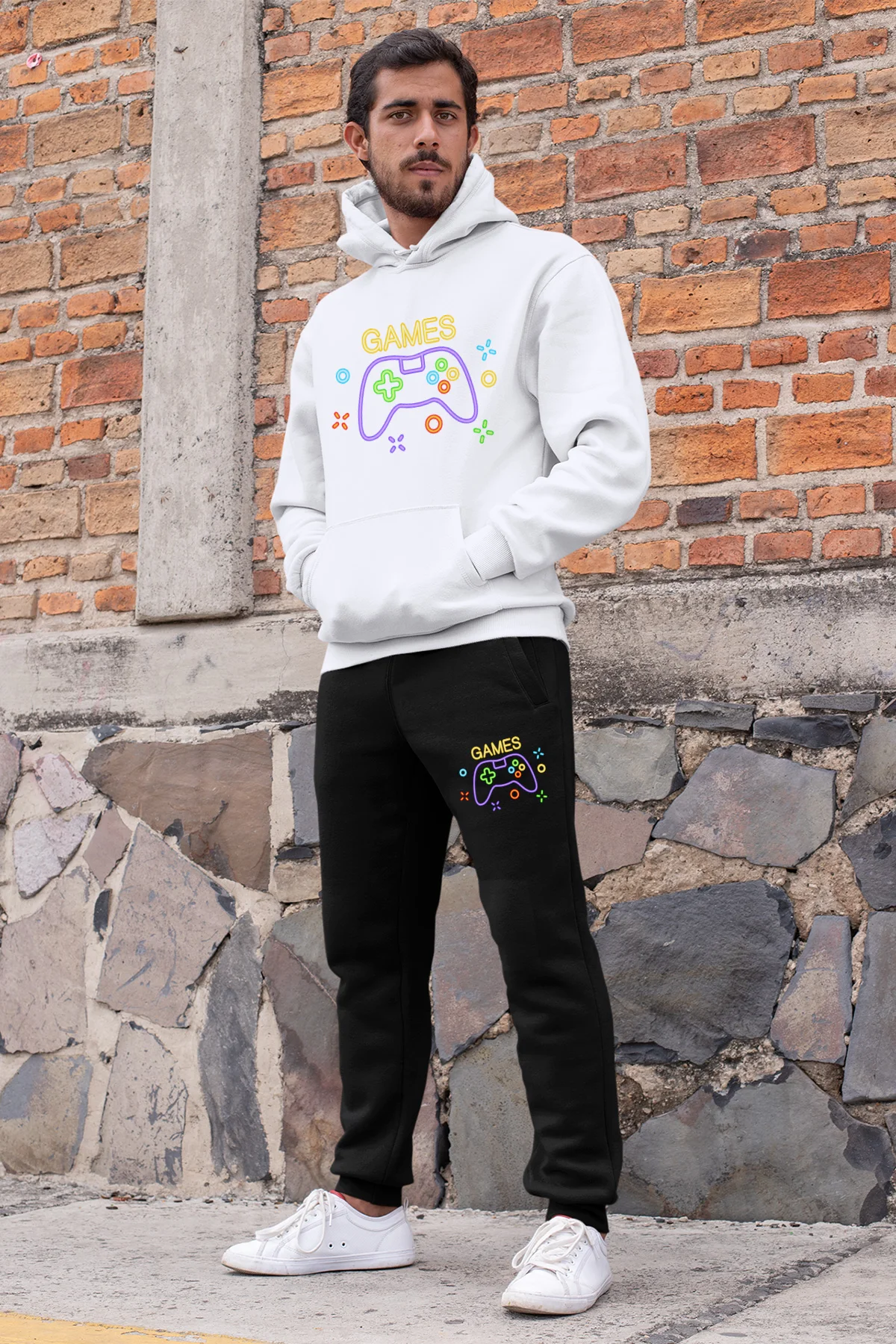 Мужской спортивный костюм Angemiel Wear Белый свитшот с капюшоном черные спортивные