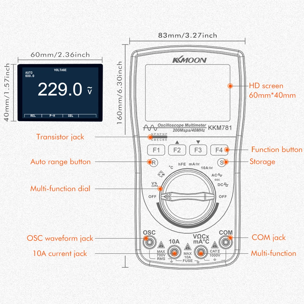 KKmoon 2-в-1 интеллигентая(ый) цифровой 6000 отсчетов True RMS 40 МГц 200 Мбит/с/S осциллограф DMM AC/DC Частотомер
