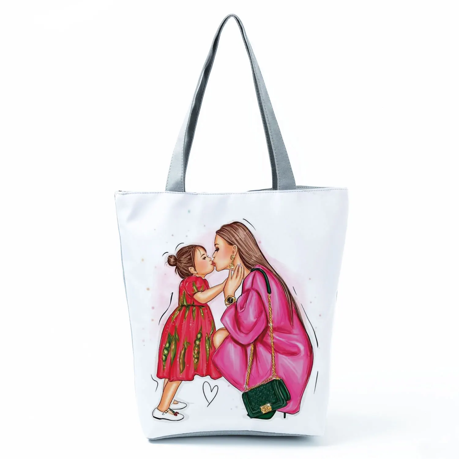 Cute Cartoon Super Mama Print Linen Tote Bag Reusable Shoulder Bags Mom And Baby Fold Women Casual Handbags Lady Fabric Totes 