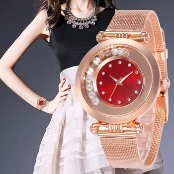 

WJ-8087 Female Rose Gold Strap Watches Flowing Beads Rhinestone Luxury Quartz Wristwatch Dress Fashion Casual Women Watch Simple
