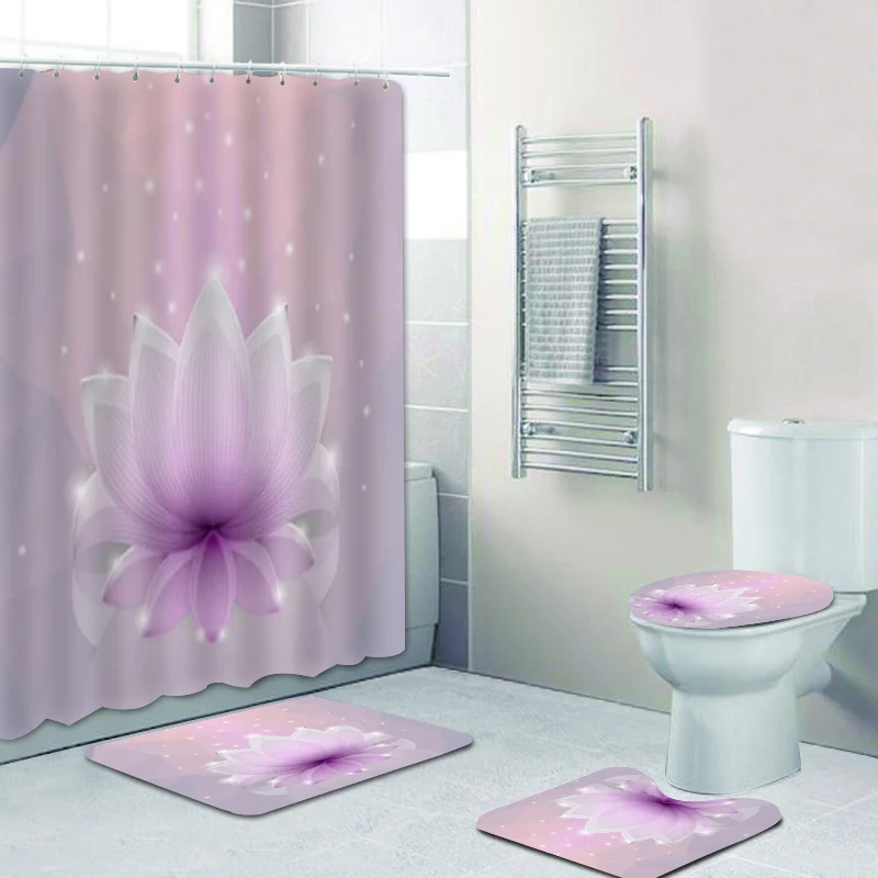 

3D Chic Pink Lotus Flower Bathroom Shower Curtain Set Arabic Abstract Blossom Bathroom Curtains Mats Rugs for Toilet Lid Cover