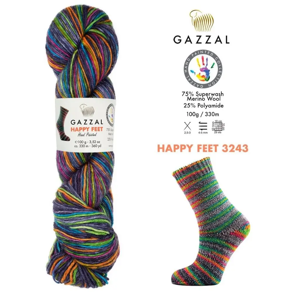 Gazzal Happy Feet Calzini Filato Per Maglieria A Mano, Lana Merino Super Wash, 100 Grammi 330 Metri, Filo, Poliammide, Amigurumi, Uncinetto, Vestiti, 