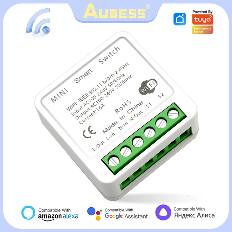 16A Mini Wifi Smart Switch Smart Home DIY Light Switches Module 2-way Control, Work With Tuya Smart Life Alexa Alice Google Home smart wall switch