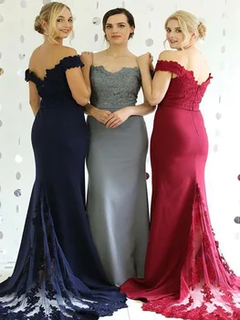 

2020 Latest Elegant Lace Mermaid Bridesmaid Dresses Long Off Shoulder Straps Maid of Honor Gowns Back Out