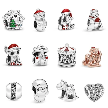 

2019 Winter 925 Silver DISNE MI Mouse Christmas Snowman and Santa Hat Carousel Little Penguin Charm DIY Beaded Accessories