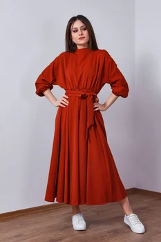 

Belted Waist Shirred Dress-Tile