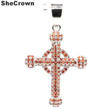 

38x23mm 2020 European Style Cross Created Orange Spessartine Garnet Gift For Woman's Silver Pendant