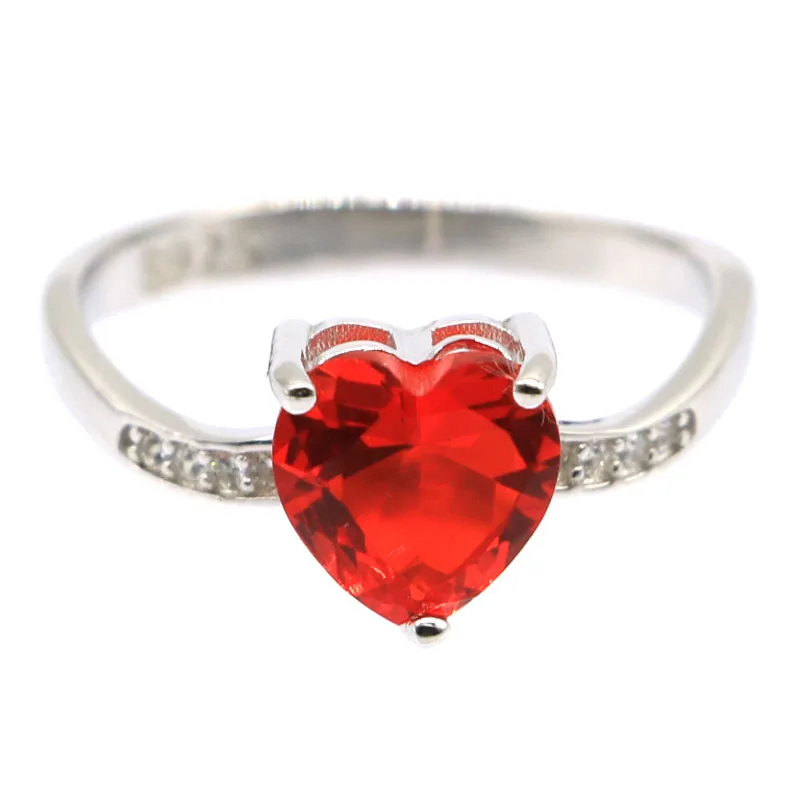

8x8mm 2.1g Real 925 Solid Sterling Silver Romantic Heart Shape Orange Spessartine Garnet CZ Gift For Girls Rings US 8#