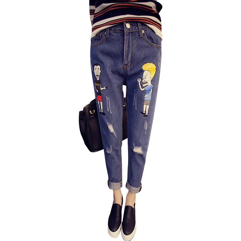 Женские джинсы с высокой талией; рваные джинсы с рисунком; ropa mujer; свободные штаны-шаровары для подростков и студентов
