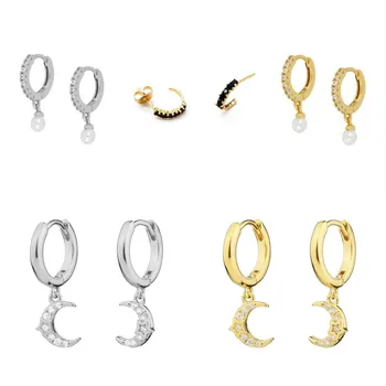 

925 Sterling Silver Earrings For Women Golden Silver Small Hoop Earrings Girl Ear Bone Earring Zircon Luxury Bling Moon Star