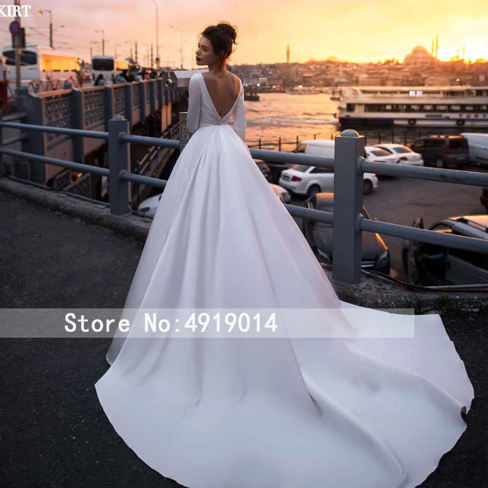 Элегантное атласное свадебное платье, юбка-лебедка, длинный рукав, а-силуэт, кристалл, шлейф, свадебное платье принцессы, Vestido De Noiva Q105