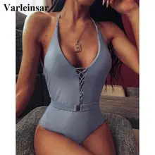 7 Colors Sexy Halter V Neck Lace Up Women Swimwear One Piece Swimsuit Female Bather Bathing Suit Swim Lady With Belt V1762