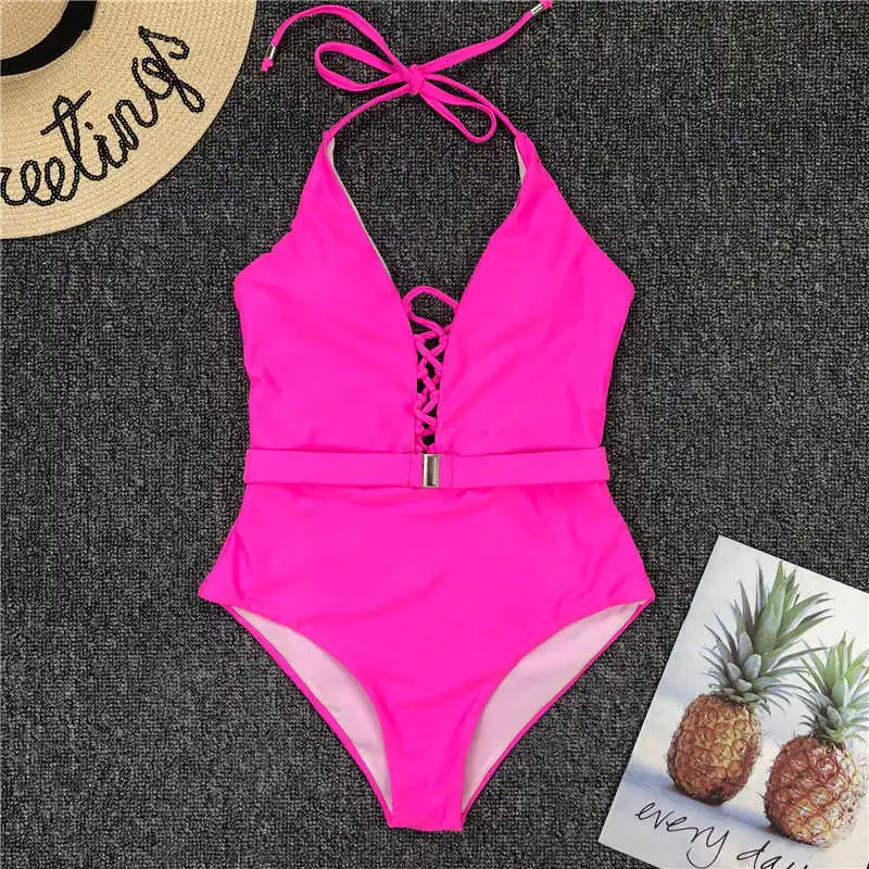 Neon Pink 7 Colors Sexy Halter V Neck Lace Up Women Swimwear One Piece Swimsuit Female Bather Bathing Suit Swim Lady With Belt V1762 - Цвет: Neon Pink