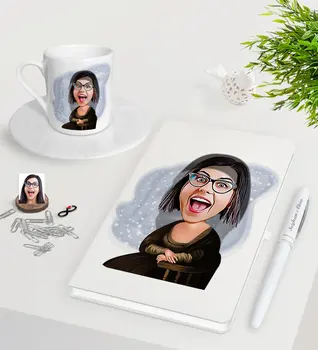 

Personalized Mona Lisa Caricature Of White Notebook Pen Turkish Coffee Cup Seti-1
