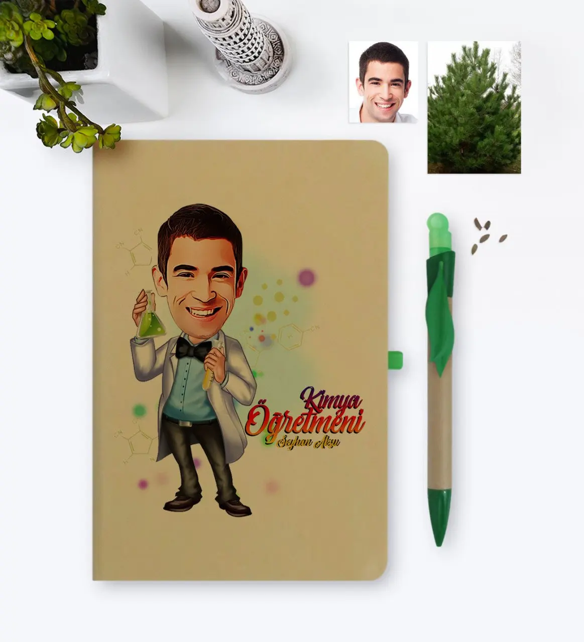Personalized Mr Chemistry Teacher Caricature Of notebook And Seeded Pen set-3 | Канцтовары для офиса и дома