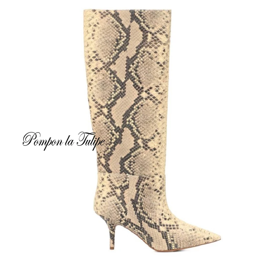 

ZZ 941147 Fancy Catwalk Genuine Cow Suede Pointed Toe Python 8CM High Heel Leather Plush Fashion Women Knee Boots Women Shoes