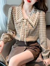 

Lattice Square Grid Women Shirt Doll Collar Lace Long Sleeved Shirt Female Spring Top Button Up Office Ladies Blouse 2022 Spring