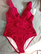 One-Piece Swimsuit Beachwear Women Monokini Ruffled SEASELFIE Yellow Sexy V-Neck Solid