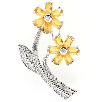 

38x24mm Dazzling Flowers Shape Created Golden Citrine White CZ Gift For Woman's Silver Pendant