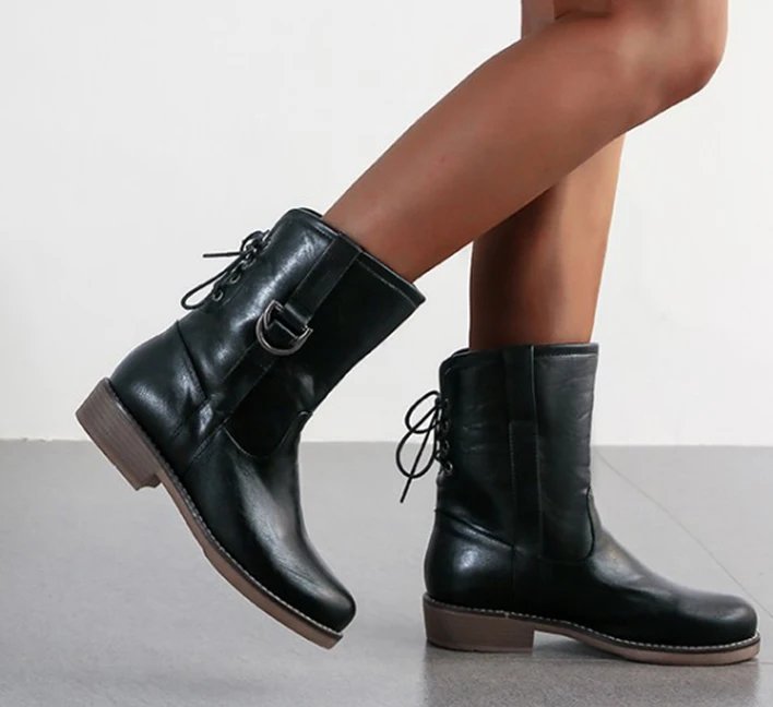 

Simple Mid-calf Boots Round Toe Ladies Thick Square Heels Lace Up Punk Style Shoes with Buckle Strap Winter 2019 Women Fashion