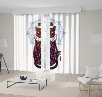 

Curtain Cat Portrait with Secret Key Moon Mandala at the Back Magical Ethnic Artwork Purple Blue White