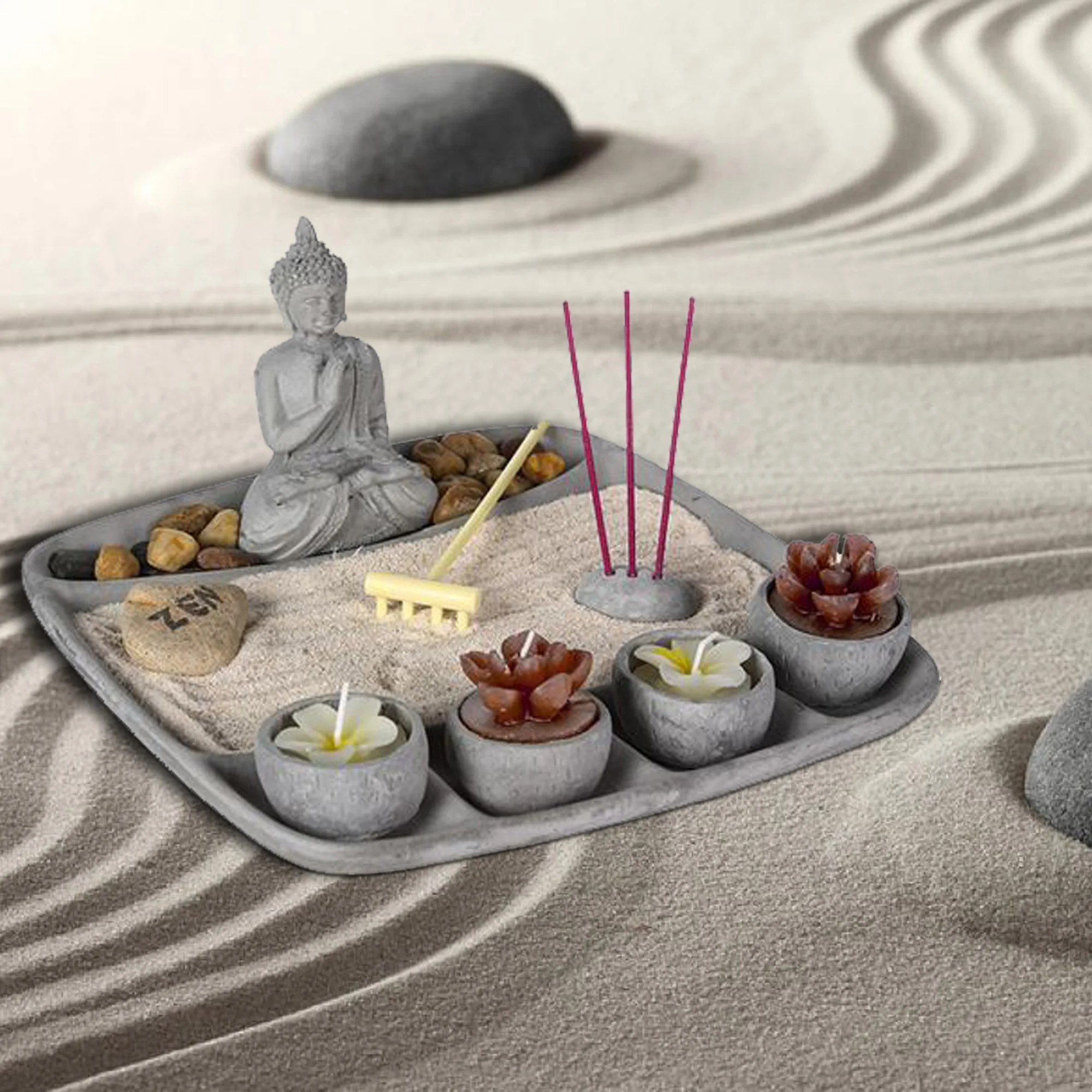 Zen Atmosphera Cement Garden with Tray, Buddha, Rake and Bowls Candle  Holder 24x24x12 cm