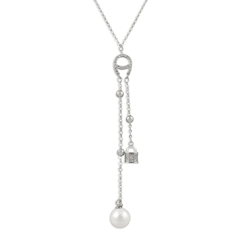 

Silver 925 Sterling Pearl, Zircon Cubic Zirconia Lock & Horseshoe Necklace