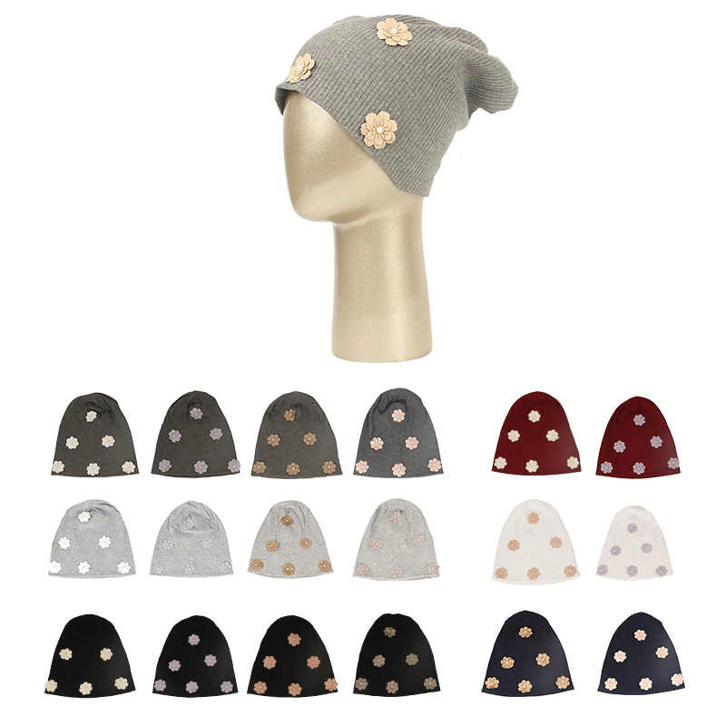 

Geebro Women Knitting Ribbing Skullies Beanies Hats With Flower Pattern Accessories Caps Plain Color Baggy Warm Cotton Bonnet