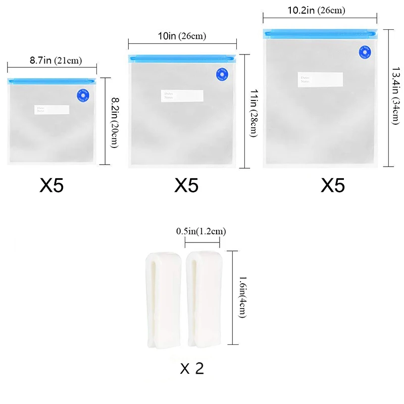 Vacuum Sealer Zip Lock Embossed 15pcs Food Saver Bags Sous Vide Storage Baggies And 2PCS Seal Clips With BPA Free