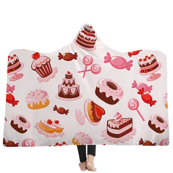 

Dessert Pastry Printed Plush Hooded Blanket For Adults Kid Warm Blankets Double layer Fleece For Beds Wearable Throw Blankets