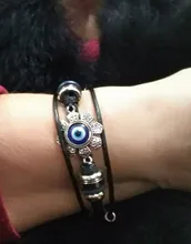 Pulsera de cuero para hombre y mujer, brazalete de joyería con varias capas, estilo Punk turco, mal de ojo, de acero inoxidable