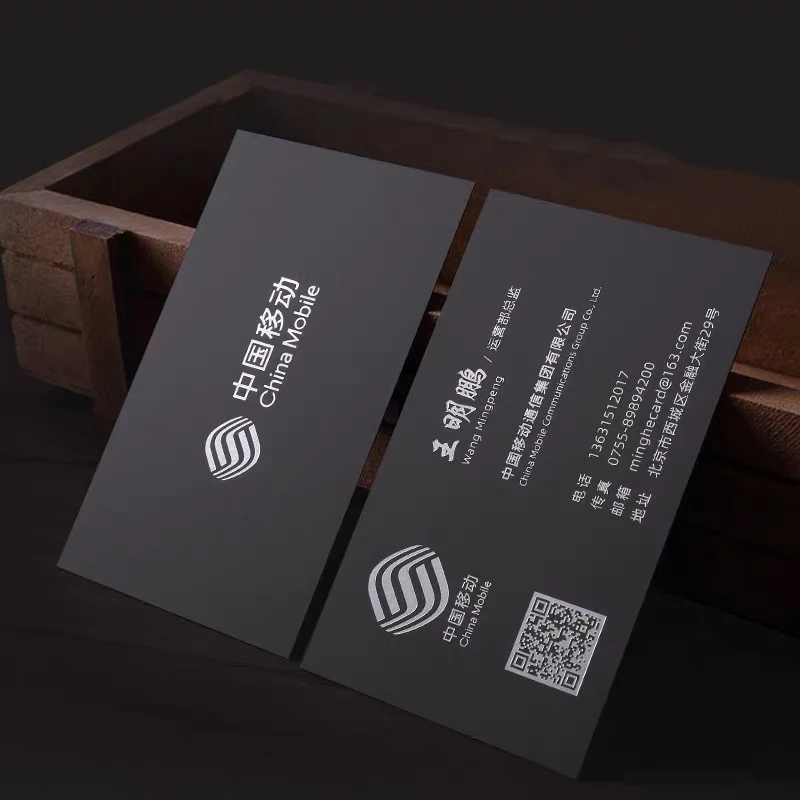 grey-paper-custom-business-card-design-message-postcards-printing-smooth-touch-black-silver-foil-id-embossed-logo-350gsm-200pcs