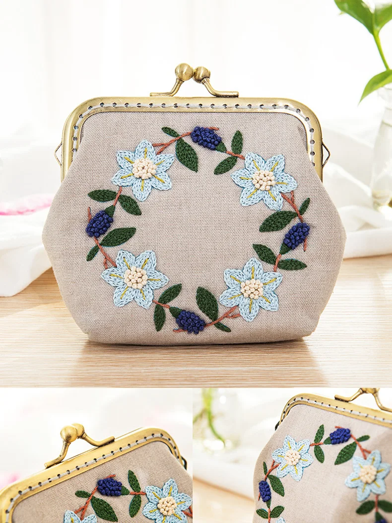 Hand Embroidered Japanese Coin Purse Kit - Hydrangea - Stitched Modern